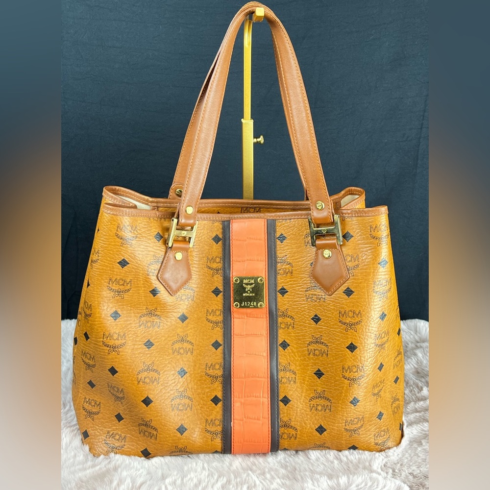 MCM Cognac Tan & Orange Visetos Leather Tote with Gold Hardware
